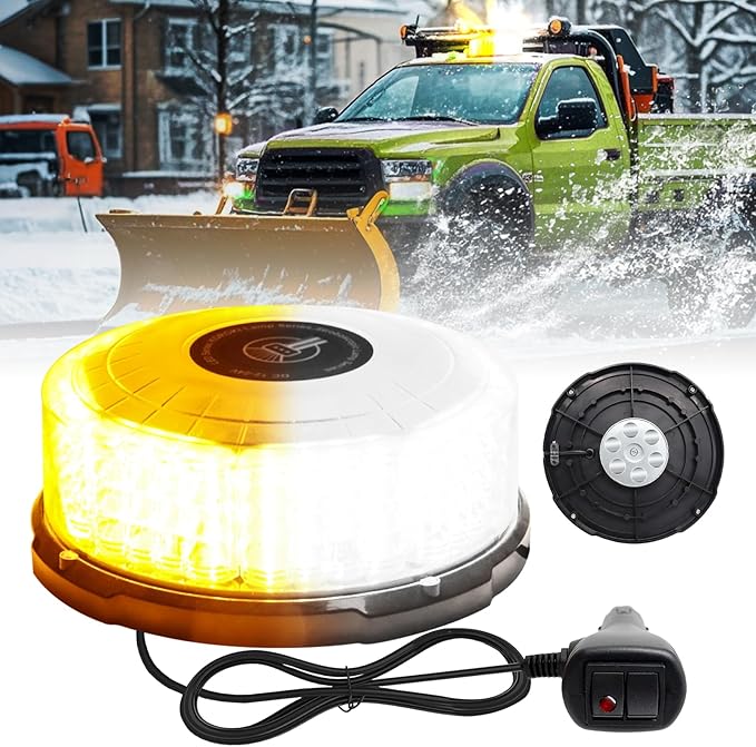 1PCS LED Strobe Beacon Light, Magnetic Beacon Flashing Safety Warning Emergency Light for Vehicles, Trucks, Forklift, Tractors, Golf Carts, Car, Tow, Cigarette Lighter Plug (Amber&White)
