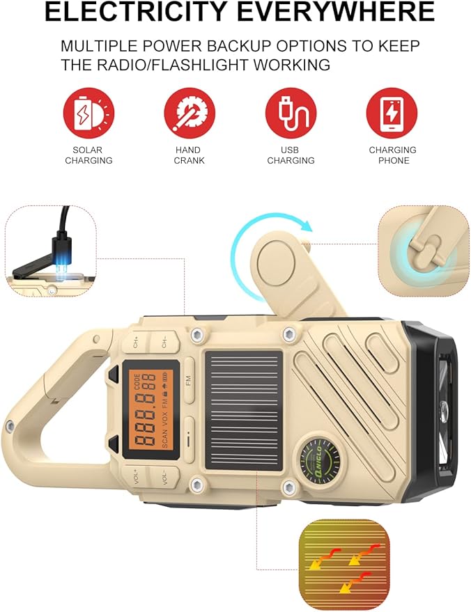 Walkie Talkies for Adults Rechargeable, FM/NOAA Emergency Radios with Weather Alerts, LED Flashlight & SOS Alarm, Solar Powered Hand Crank Long Range 2 Way Radios Walkie Talkie with USB Charged