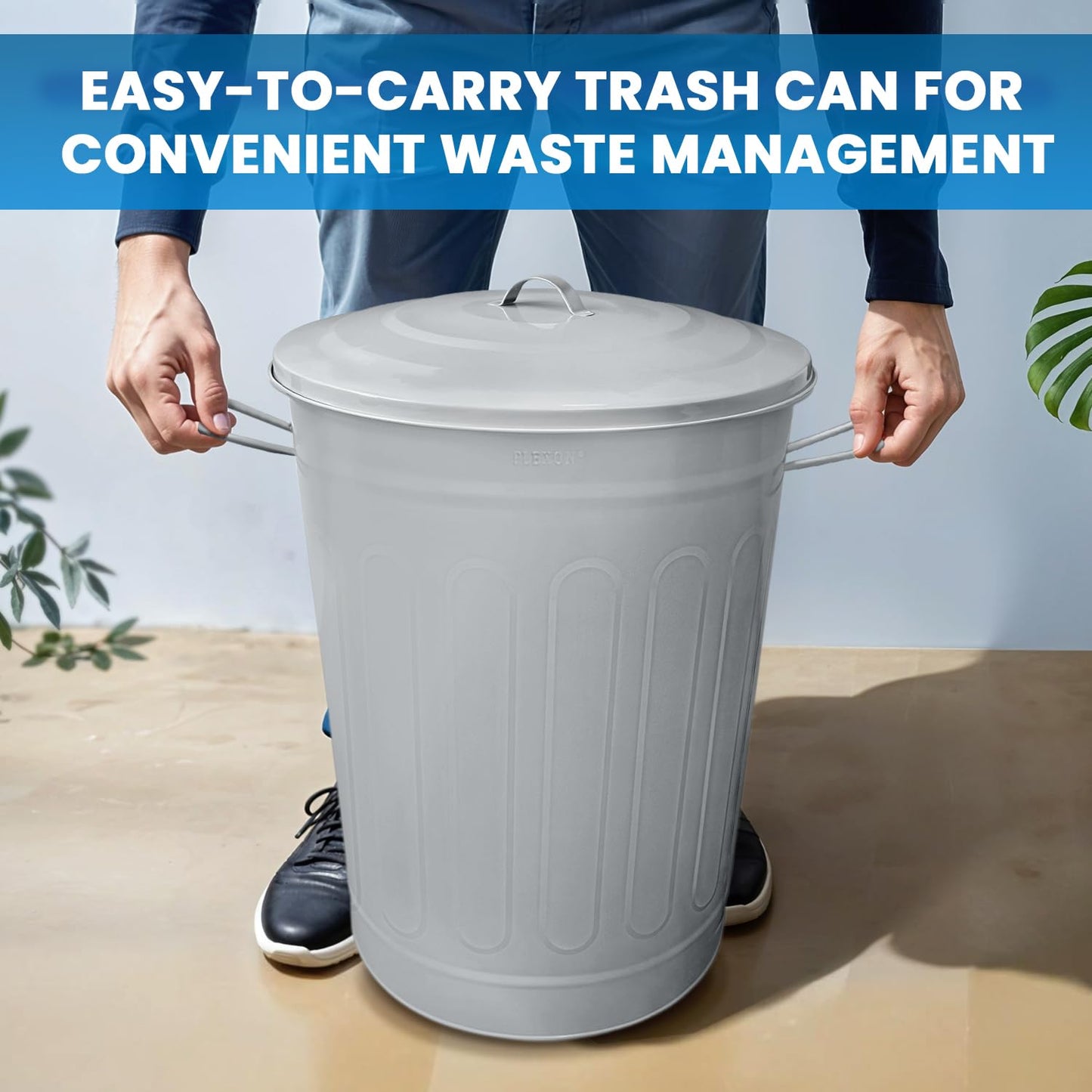 Plexon Round Trash Can 13 Gallon, Vintage Metal Outdoor Trash Can with Lid, Retro Farmhouse Garbage Container, Old School Modern Ash Bucket, Gray 2 Pack