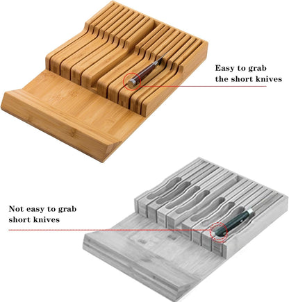 Bamboo Kitchen Drawer Knife Holder, In-drawer Knife Block, Knife Drawer Organizer fit for 16 knives and 1 steel sharpening
