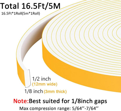 Weather Stripping Door Seal Strip, High Density Foam Sealing Strip, Door Seal for Doors Windows, Weatherproof Foam Seal Tape, Noise Reduction(1/2 in x 1/8 in x 16.5Ft)