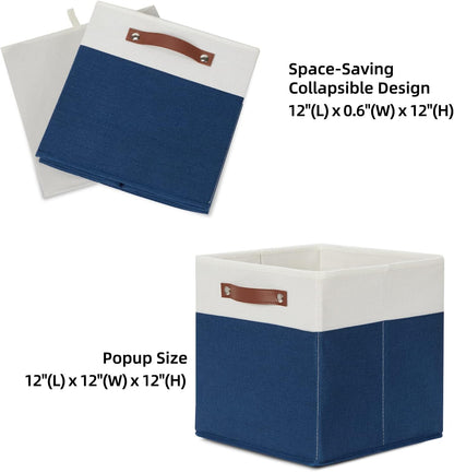 HNZIGE Cube Storage Baskets,Fabric Storage Cubes 12 x 12, Set of 4,Decorative Storage Baskets for Organizing with Handles,Blue Square Bins for Organizer Home Toy Nursery Closet(Blue White)