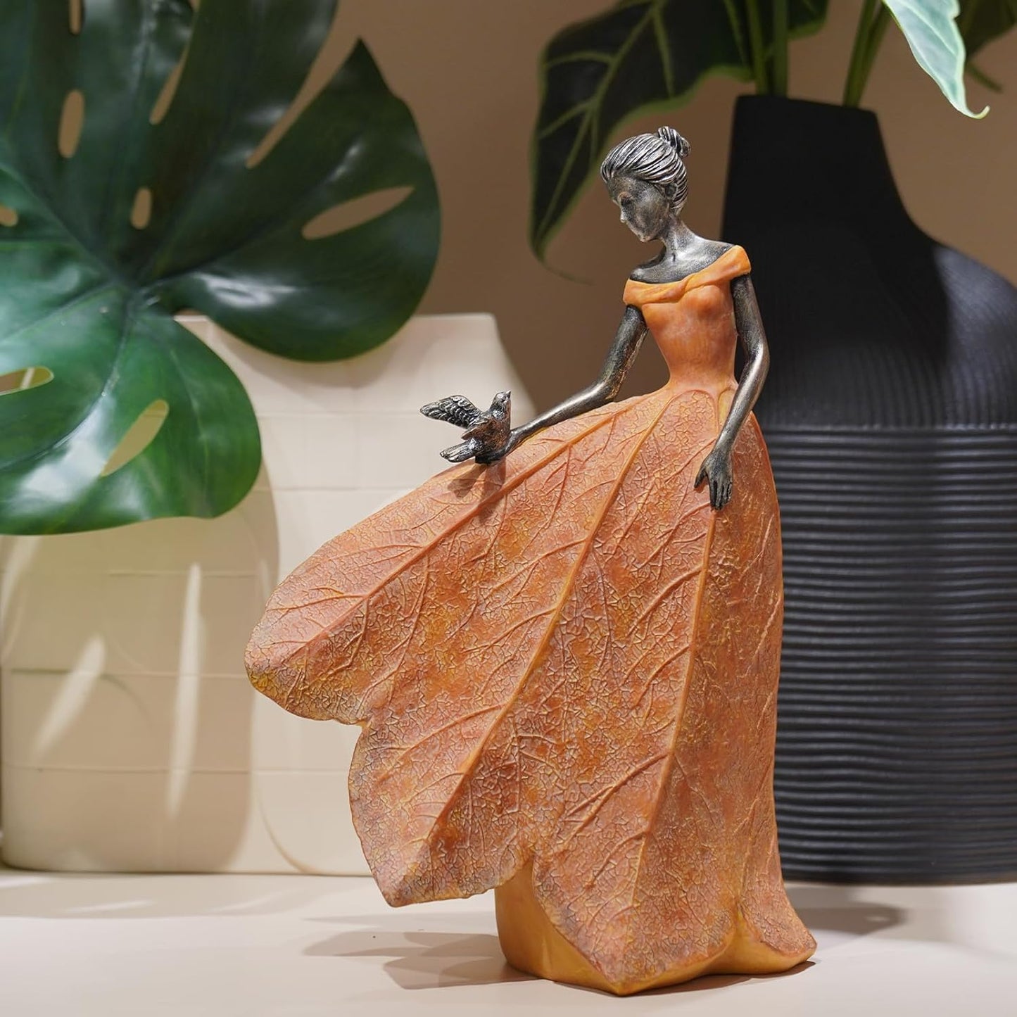 Guichifun Fairy Statue Collection Home Decoration - Orange Leaf Angel Girls Resin Home Decor for Outside or Inside Rustic Garden Outdoor Yard Decorations Figurines Gift 8.5 x 5.25 x 12 Inch