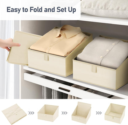 DIMJ Clothing Organizer Storage Boxes - 6 Packs Fabric Traprzoid Storage Bakskets, Fabric Bins for Closet with Front Handle, Closet Cubes Organizer for Parents Renters Students RV Owners (Beige)