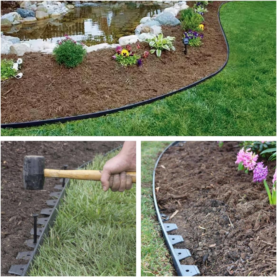 2 Inch Tall No Dig Durable Garden Landscape Edging Kit, Black Plastic Lawn Border with 24pcs Anchoring Spikes for Landscaping, Flower Gardens, Lawn (20FT+ 24pcs Anchoring Spikes)