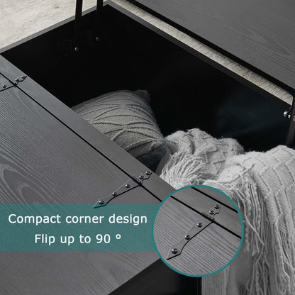 Black Coffee Table with Storage, Cocktail Table with Hinged Lift Top, Farmhouse Square Wood Center Table with Large Hidden Storage Compartment for Living Room, Square Coffee Table, Metal Edges Decor