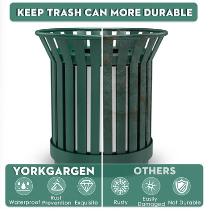 16Gallon/62L Commercial Outdoor & Indoor Metal Trash Can, Outdoor Slatted Trash Receptacle with Metal Linner, All Weather Resistant Large Outside Zone Round Garbage Bin for Street, Park, School-Green
