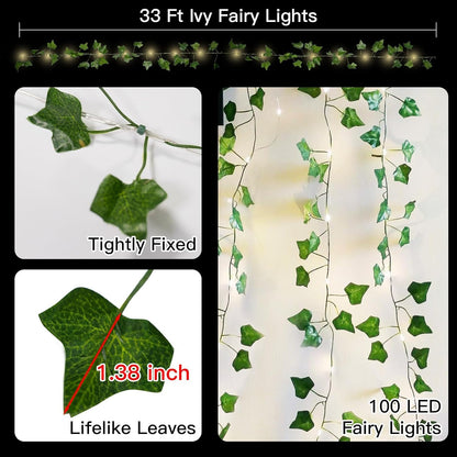 suddus Vine with Fairy Lights Battery Operated, 33ft 100 LED Ivy String Lights with Remote, Leaf Lights for Bedroom, Room, Wall, Garden, Party, Wedding Decor (Warm White)