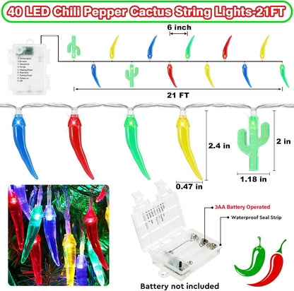 21FT [ 8 Modes & Timer ] Chili Pepper String Lights 40LED Fairy Lights Battery Operated for Indoor Outdoor Garden Pool Birthday Mexican Party Wedding Christmas Summer Tropical Decor