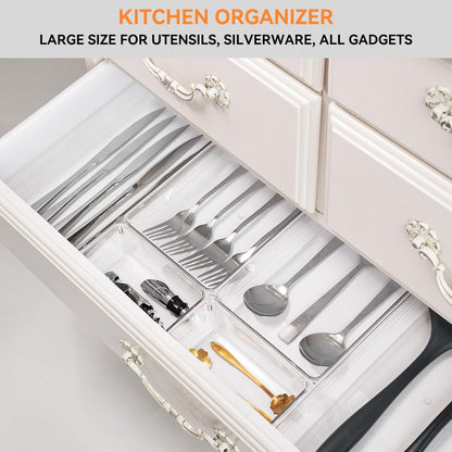 Criusia 8 Pack Drawer Organizer for Kitchen Gadgets, Large Clear Plastic Drawer Divider for Kitchen Accessories, Bathroom Organizers and Storage, Home Essentials for Makeup and Vanity Accessories