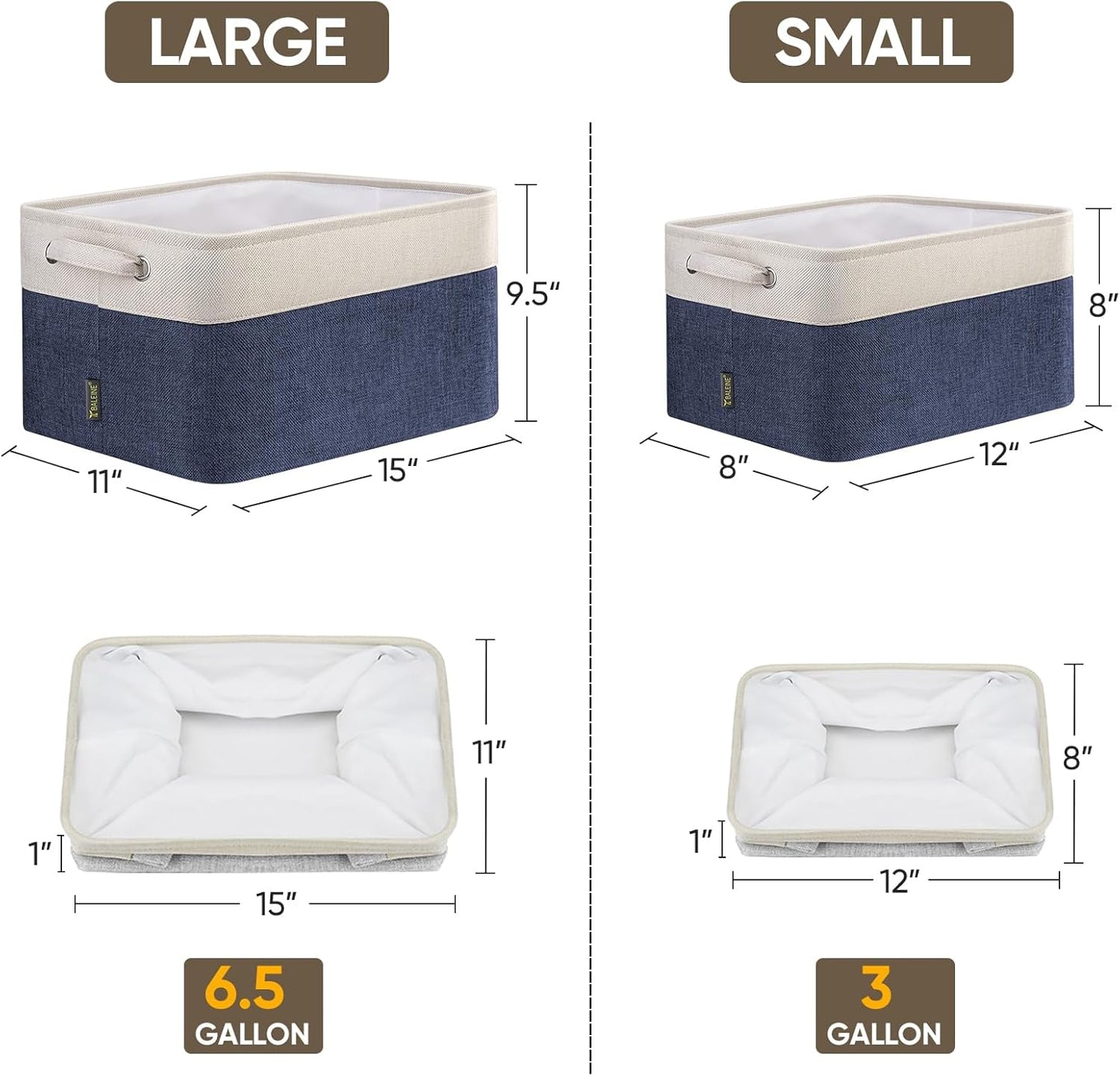 BALEINE 3 Pack Fabric Storage Bins for Shelves, Linen Storage Baskets for Organizing, Decorative Closet Bins for Clothes, Home (Navy Blue, 15"x11"x9.5")