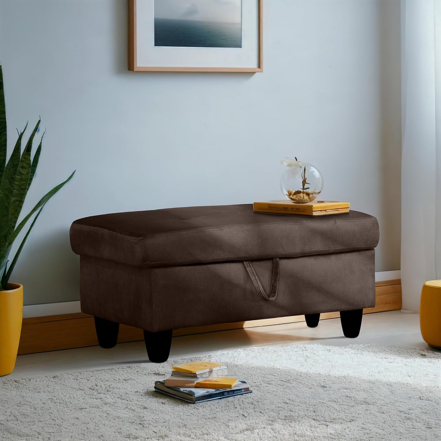 Ottoman Rectangular Storage Ottoman Bench, Flannel Footrest Stool Footstool with Lid for Living Room, Bedroom, Entryway, Coffee, 28.5"x19"x17.5"