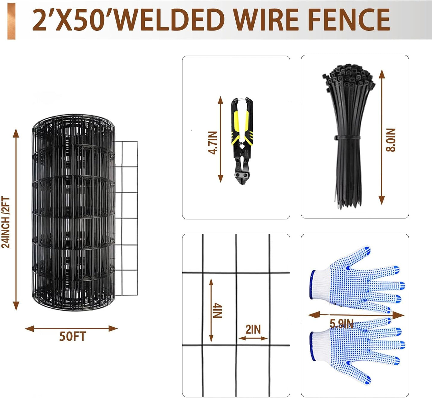 Tongmo 2 ft x 50 ft Black PVC Coated Welded Wire Fence, 16GA Garden Chicken Wire Fence Roll, Mesh Size 2" x 4" Hardware Cloth, Ideal for Yard Protection and Poultry Netting