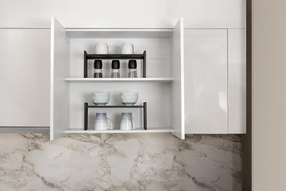 Nxconsu 2Pack Cabinet Shelves Stackable Shelf Organizer Rack Riser for Kitchen Cabinet Pantry Cupboard Counter Countertop Home Organization Storage Space Saver Heavy Duty Metal Nonslip Black Wide