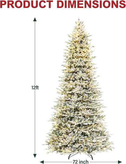 Hykolity 12 ft Prelit Snow Flocked Artificial Christmas Tree, 8109 PE&PVC Branch Tips, 850 Warm White LED Lights, Easy Assembly with Metal Stand and Hinged Branches