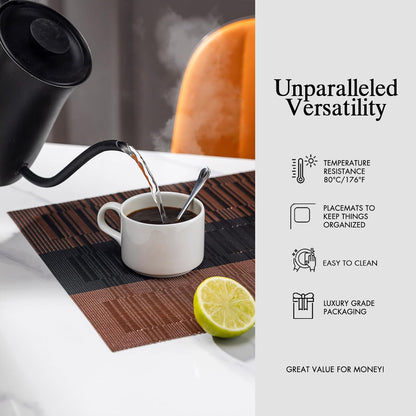 Placemats Set of 12 - Easy Clean Woven Vinyl Placemats for Dining Table, Indoor/Outdoor Place Mats, Washable PVC Table Mats （Ombre Brown Black）