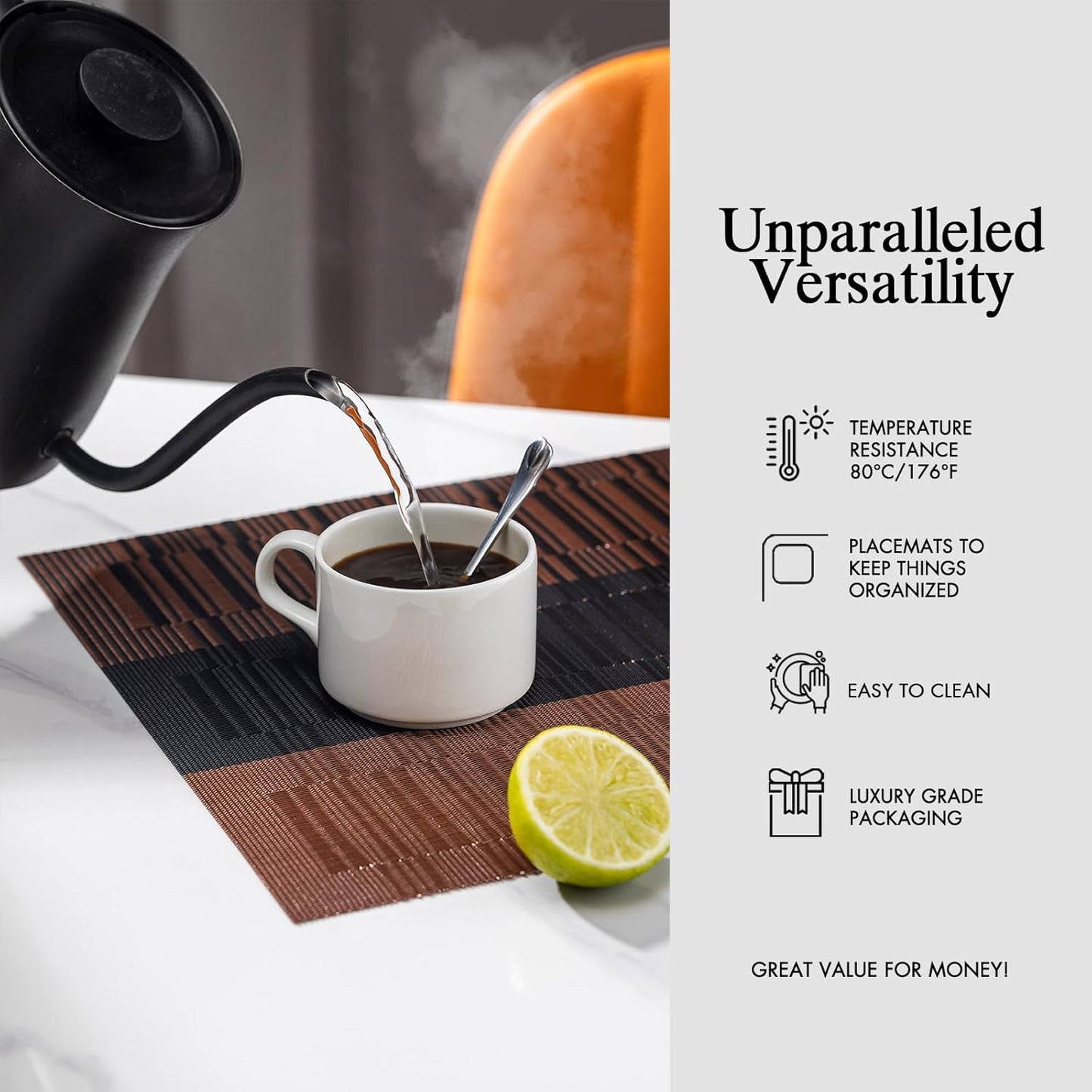 Placemats Set of 8 - Easy Clean Woven Vinyl Placemats for Dining Table, Indoor/Outdoor Place Mats, Washable PVC Table Mats （Ombre Brown Black）