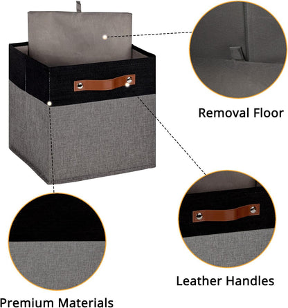 HNZIGE Storage Baskets for Organizing, Set of 4, Square Fabric Storage Cubes Bins 13 x 13, Collapsible Black Storage Bins for Shelves, Closets, Nursery, Home, Office (Black&Grey)