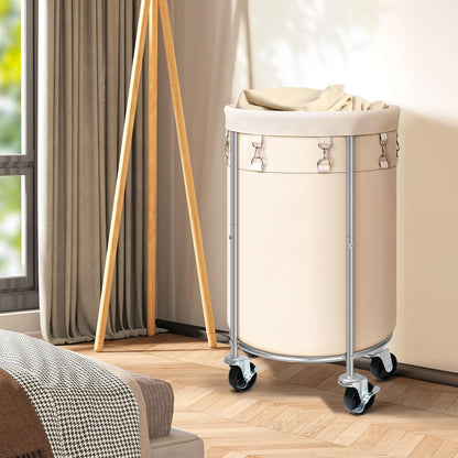 Laundry Hamper with Wheels, 100L Round Rolling Laundry Basket Sorter with Removable Bag, Clothes Cart Organizer with Steel Frame for Bedroom, Bathroom, Laundry Room, Beige