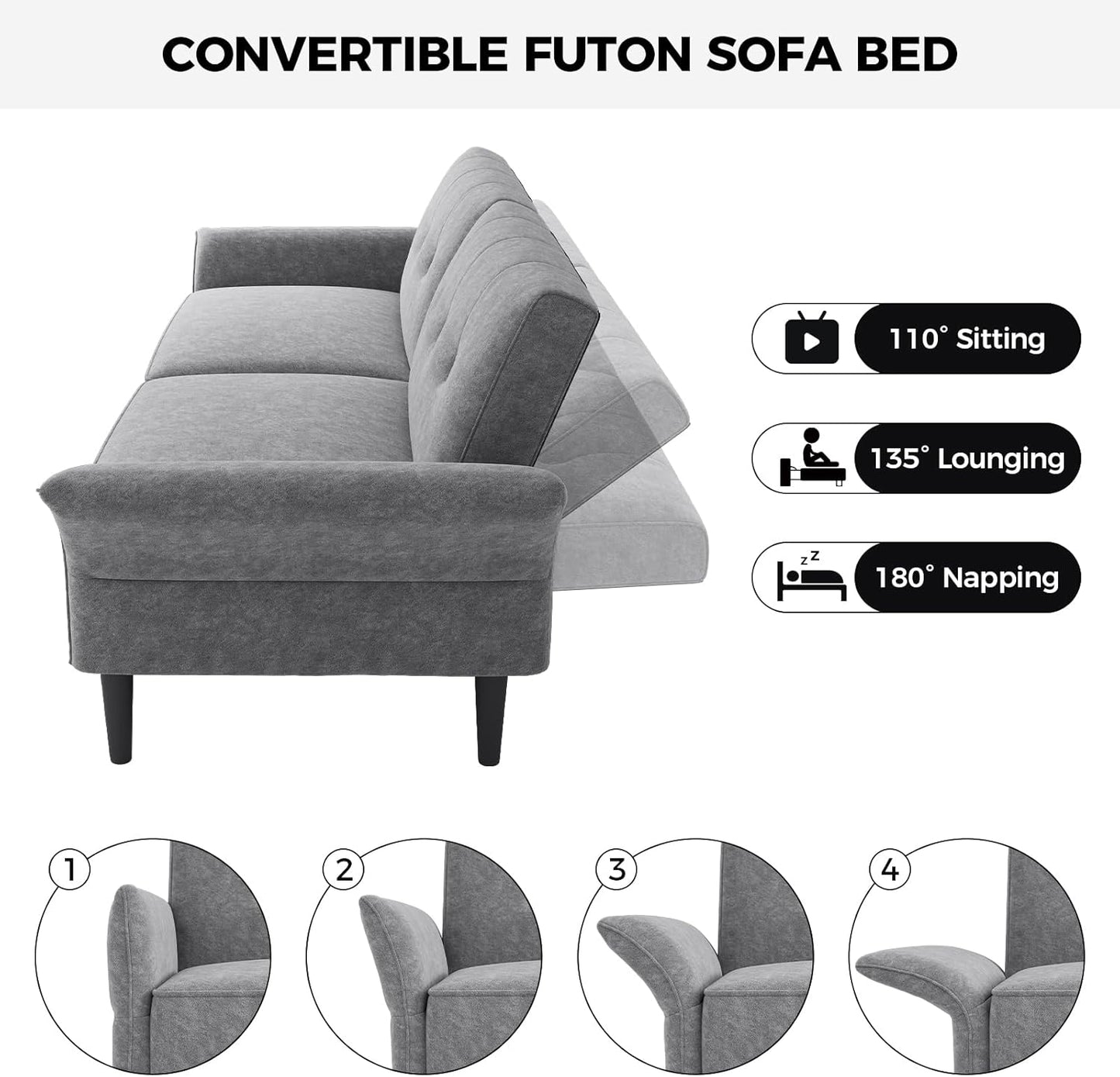 89” Futon Sofa Bed, Comfy Futon Couch Bed with 2 Square Pillows, Convertible Sleeper Sofa with Adjustable Backrest& Armrests, Modern Loveseat Sleeper for Living Room, Bedroom, Light Gray