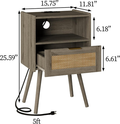 Rattan Nightstand with Outlet,Modern Bedside Table with Storage Drawer and Open Wood Shelf, for Living Room, Bedroom and Small Spaces, Accent Night Stand with Solid Wood Legs,Grey Oak