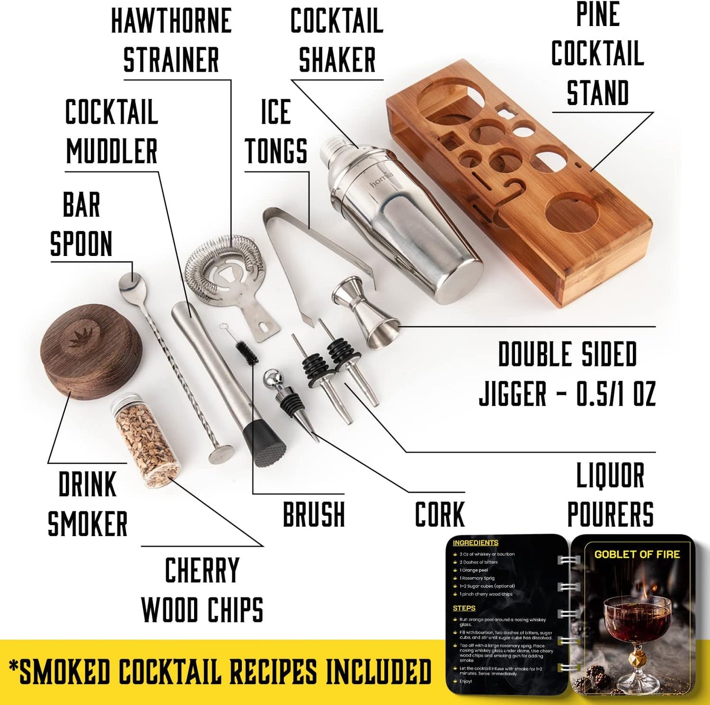 Bartender Kit with Whiskey Smoker - 13 pcs, Bamboo Stand - Bar Set with Cocktail Shaker, Bartending Kit with Essential Bar Accessory Tools, Wood Chips, Steel