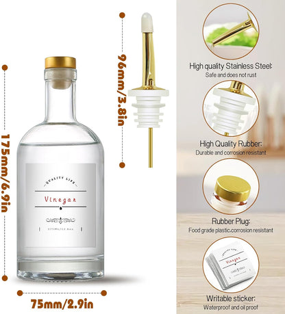 Olive Oil Dispenser Bottle for Kitchen, Clear Glass Oil and Vinegar Dispenser Set, Coffee Syrup Dispenser, Container With Metal Pour Spout, Airtight Lid, Funnel, Waterproof Labels (375ml-2 Pack)