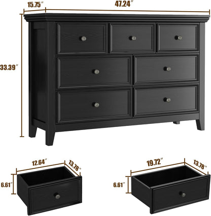 BLANKSPACE Black Dresser, Modern Dresser for Bedroom, 7 Chest Drawer Nightstand, Large Capacity Wood Cabinet for Bedroom, Living Room, Closets