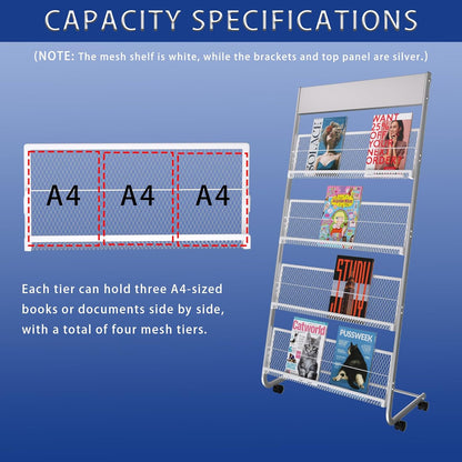 Yinghao Floor-Standing Magazine Rack, 4-Layer Iron Newspaper Rack, Suitable for the Display of Brochures or Documents in Exhibitions, Shopping Malls, Hospitals, Offices