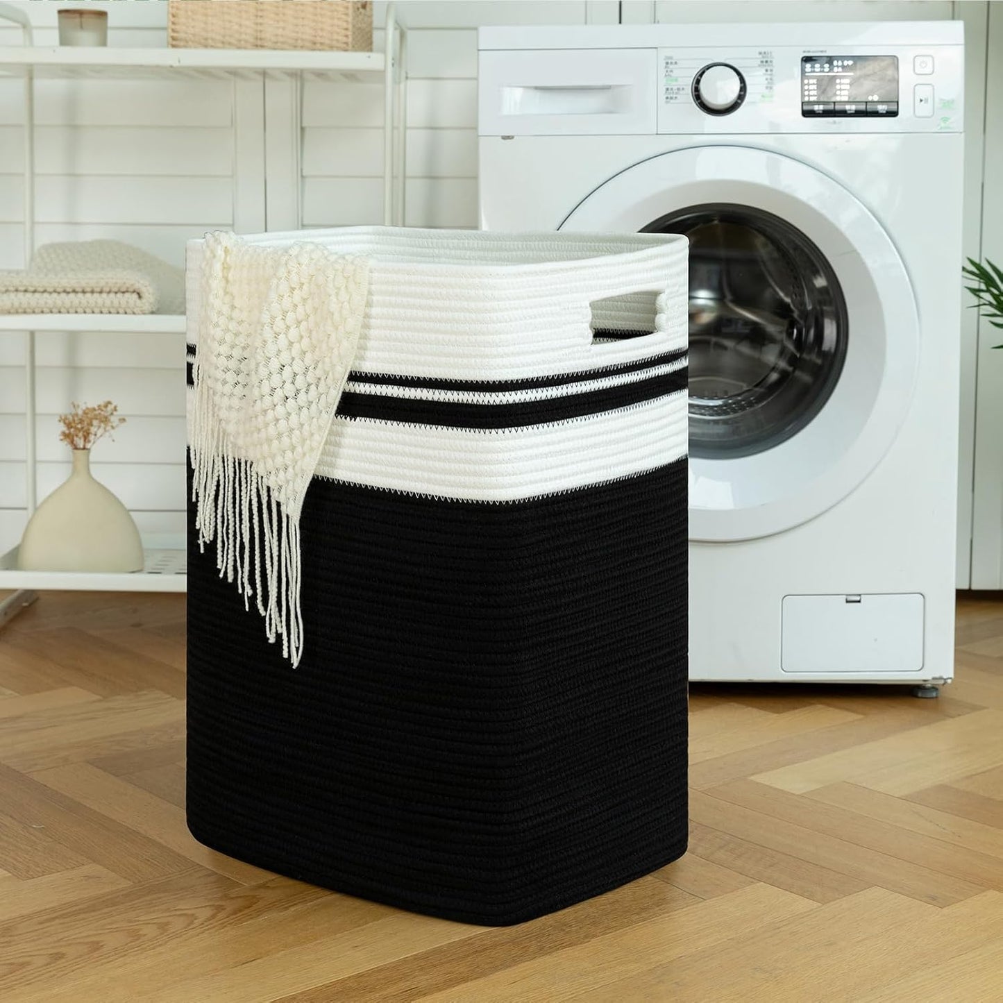 OIAHOMY 91L Laundry Hamper, XXXLarge Laundry Basket, Collapsible Cotton Rope Basket,Woven Storage Basket for Blankets,Clothes,Pillows-16x15x24-Black&white
