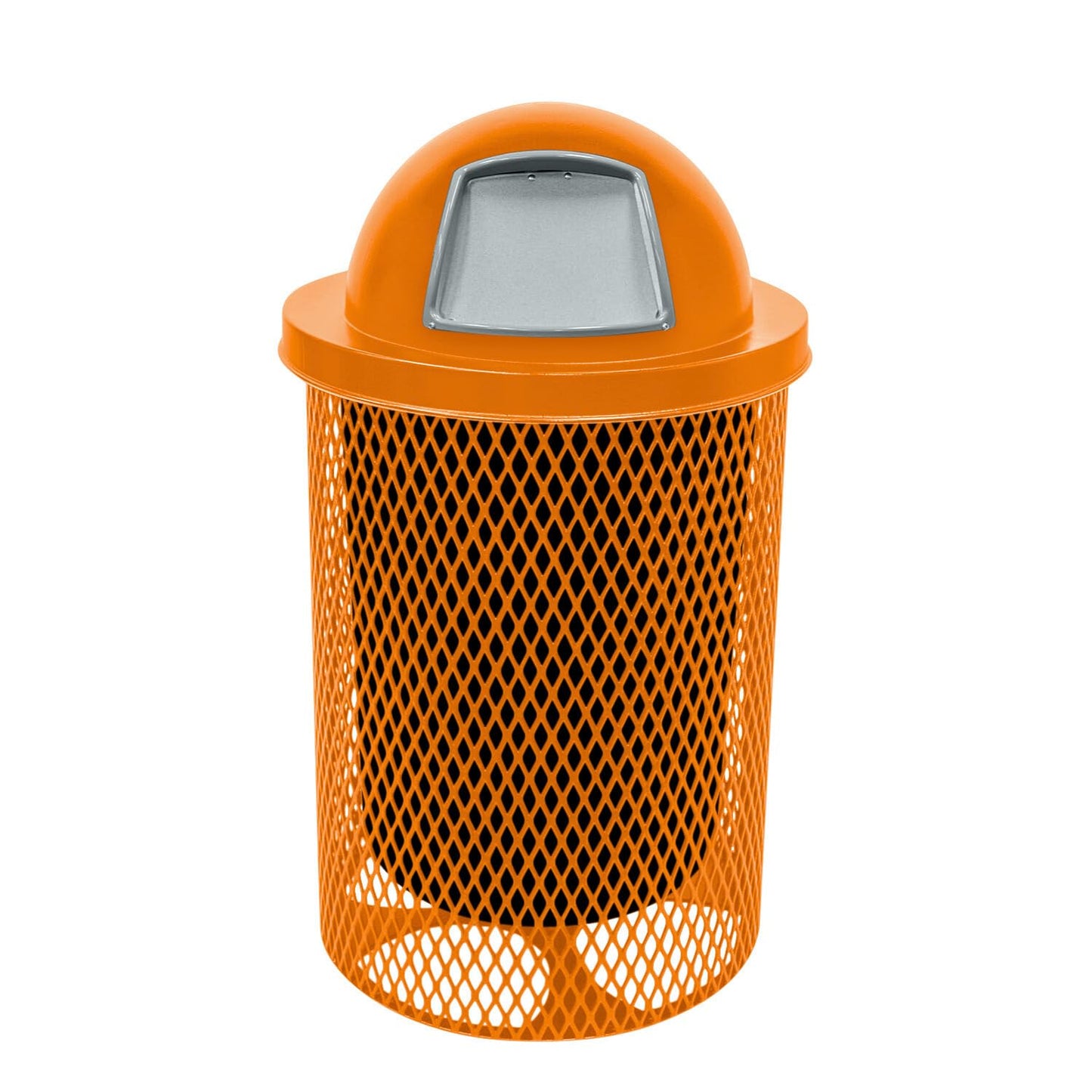 COATEDOUTDOORFURNITURE Coated Outdoor Furniture 32-Gallon Heavy-Duty Expanded Metal Round Trash Receptacle, Commercial Outdoor Waste Bin with Liner & Dome Lid – Made in America (Textured Orange)