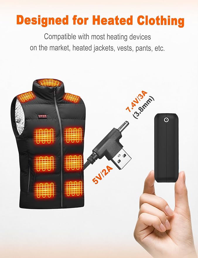 𝟳.𝟰𝗩/𝟱𝗩 𝟮𝟬𝟬𝟬𝟬𝗺𝗔𝗵 Heated Vest Battery Pack, LED Display, Power Bank with USB/Type-C/DC 3.8 Output and LED Display, Portable Charger, Compatible with Heated Vests, Jackets, Pants
