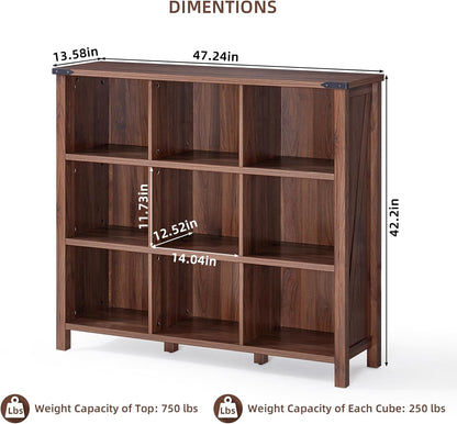 9 Cube Bookcase, Farmhouse 47 Inch Wide Brown Walnut Bookshelf, Wooden 3 Tier Display Large Open Book Shelf, Vintage Horizontal Book Case for Home Office, Cubby Storage Cabinet for Living Room