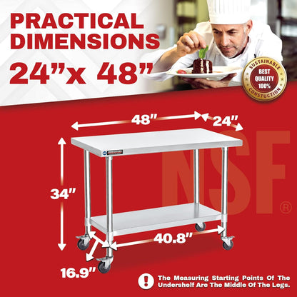 DuraSteel 24x48 NSF Stainless Steel Cart - Heavy Duty Food Prep Table with Undershelf - Rolling Kitchen Island on Wheels for Commercial Restaurant Kitchen, Garage, Outdoor Cooking, BBQ Grill, Counter