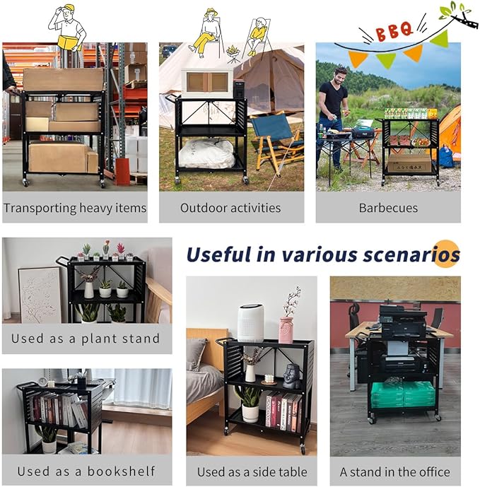 Lumizone Rolling Tool Cart with Wheels and Pegboard Hooks Folding Utility Service Cart for Garage Organizer Storage Foldable Power Tool Organization on Wheels Heavy Duty Frame (Tool Cart+Hooks)