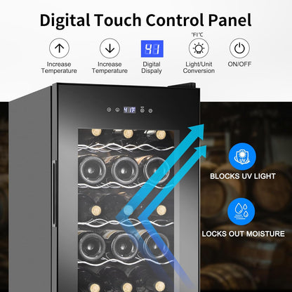 Wine Cooler Refrigerator 18 Bottles, Small Wine Fridge Mini Wine Fridge Countertop with Glass Door Wine Cellars for Red Wine, Champagne, Dry White Wine, Sparkling Wines