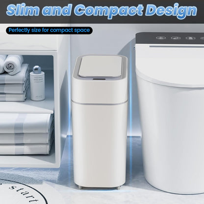 Bathroom Trash Can with Lid: 2.3 Gal Small Slim Motion Sensor Wastebasket, Bag Expansion, Wall Mounted, Automatic, Touchless, Narrow Design for Bathroom, Kitchen and Office, Waterproof