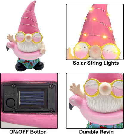 BAYN Garden Gnome Statues Outdoor Decor, Solar Powered Outdoor Gnome with Flamingo Swimming Decorative Yard Garden Lights Art Gifts with 11 Warm White LEDs