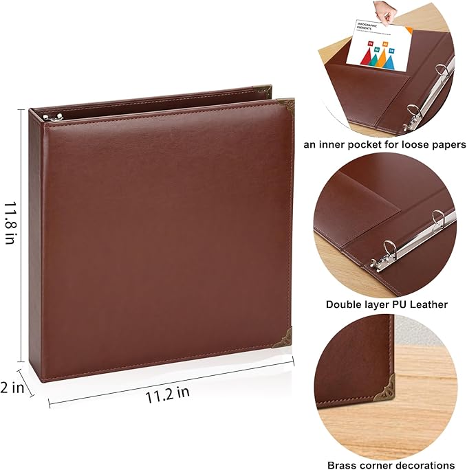 Vintage Hardback 3 Ring Binder 1 Inch, Professional Leather Binder 3 Ring, Three Ring Binders Fits 8.5" x 11", D Ring Binders for Photo Album, Home, School and Office Supplies- Brown