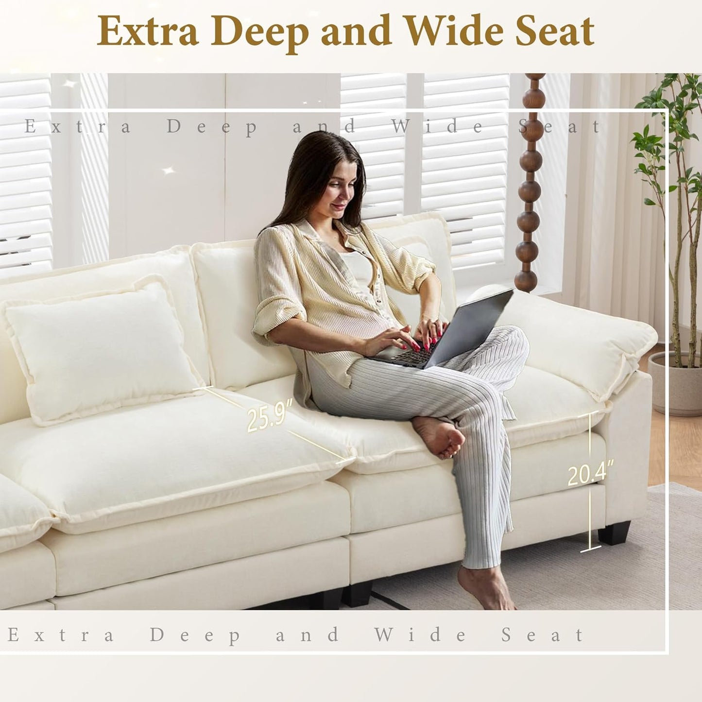 URRED Modular Sectional Sofa Comfy Cloud Couch, Modern Chenille Sofa Sleeper Deep Seat Couches with Ottoman/Pillows for Living Room (White, 82.6'')