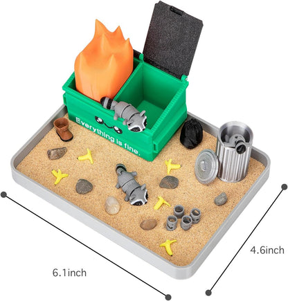 Stylor Dumpster Fire Zen Garden Desk Decor - Miniature Sandbox with Raccoon & Flames, Humorous Office Stress Relief Gift, Includes Stones, Sand & Accessories