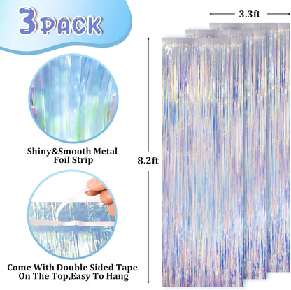 Iridescent Party Backdrop 3Packs Transparent Tinsel Foil Fringe Curtain for Frozen Mermaid Sea Birthday Party Decorations, 3.3x8.2ft Streamers Backdrops