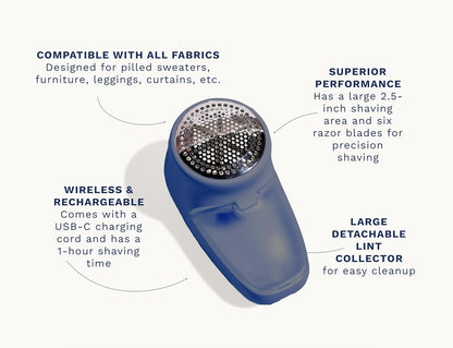 Nori Trim Fabric Shaver - Lint Remover for Clothes & Furniture Couch Pilling - Sweater Pill Remover - Clothes Shaver with 6 Precision Blades - Wireless and Rechargeable - Navy