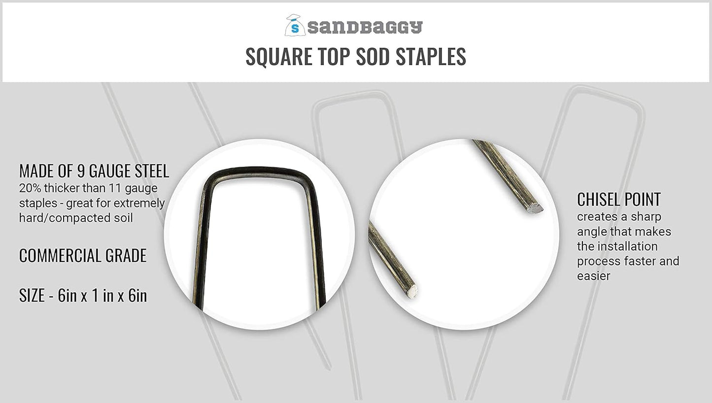 Sandbaggy 6 inch Landscape Sod Staples (9 Gauge Steel) ~ Great for Hard Soil - 20% Thicker Than Competition - Trusted by Farmers & Contractors Across USA (100 Staples)