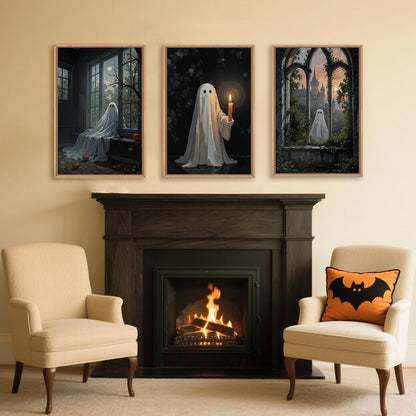 LHIUEM Large Halloween Cute Ghost Framed Canvas Wall Art Set,Vintage Spooky Wall Decor,Retro Dark Prints,Midnight Candle Poster Artwork for Living Room,Bathroom,Dining Room -16"x24"x3