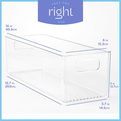 Plastic Food Storage 2 Pack Clear Container Bin with Handles for Organizing Kitchen, Pantry, Refrigerator, Freezer, Pantry, Cabinet, Closet, Bathroom. 16”x6”x5”