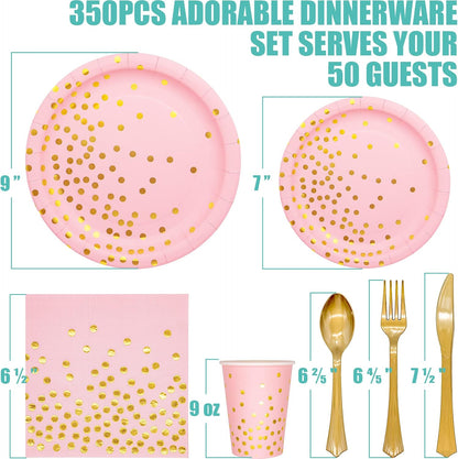 Tiblue Pink & Gold Party Supplies 350 PCS Disposable Dinnerware Set, Pink Paper Plates Napkins Cups, Gold Plastic Forks Knives Spoon for Graduation Birthday Baby Shower Wedding Bachelorette Engagement