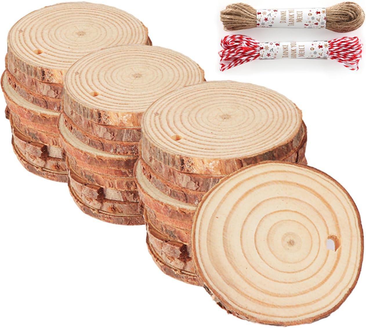30 Pcs Wood Slices for Crafts, 1.57"-2" Pre-Drilled Holes Wood Rounds, 66 Feet Twine String, Wooden Circles for Crafts Burning Painting DIY Crafts Christmas Wedding Party Wedding Decor Party