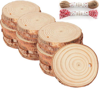 30 Pcs Wood Slices for Crafts, 1.57"-2" Pre-Drilled Holes Wood Rounds, 66 Feet Twine String, Wooden Circles for Crafts Burning Painting DIY Crafts Christmas Wedding Party Wedding Decor Party
