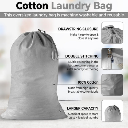 2 Pack - Extra Large Cotton Laundry Bag, Heavy Duty Large Laundry Bags 24 x 36 inch XL Drawstring Travel Organizer Bag Fit Hamper Basket Camp (Light Gret, Pack of 2)